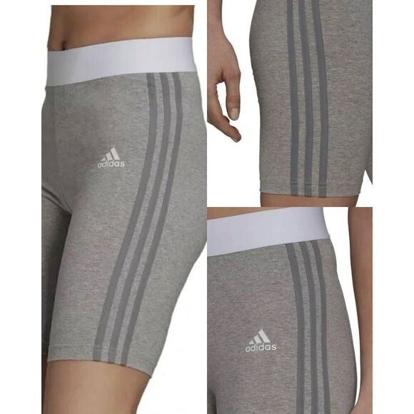 Adidas NWT WOMENS must haves 3 striped Biker shorts tights gray - Picture 1 of 7